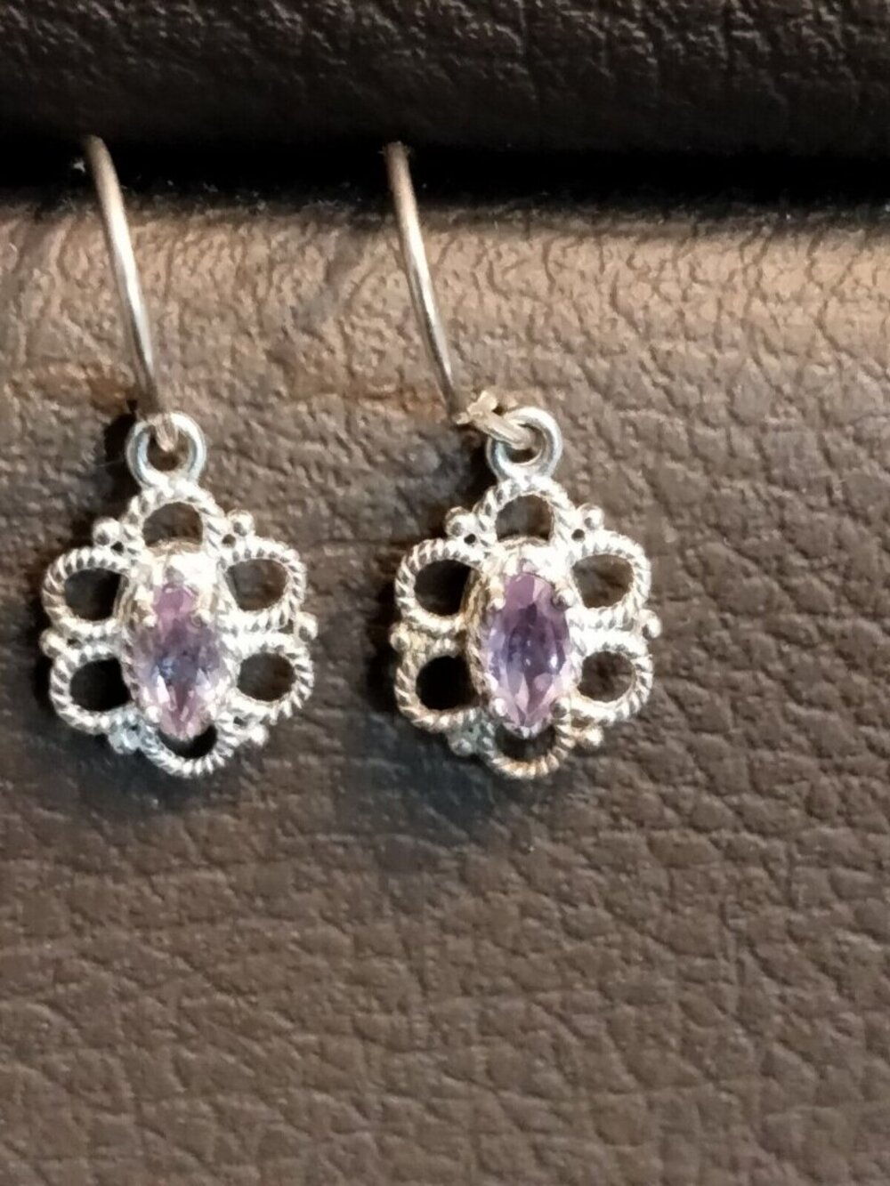Silver  Lavender Pink Flower Earrings Hook Drop Dangle Small Rhinestone